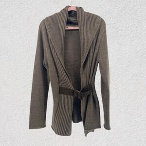Soft Surroundings Women M Brown Belted Cardigan Shawl Collar Wool Blend Sweater